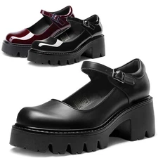 Women Mary Jane Platform Pumps Buckle Low Chunky Heel Pumps Dress Shoes