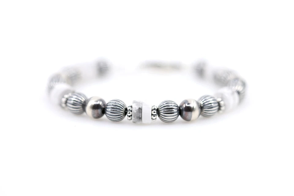 White Buffalo Howlite Heishi Bracelet, Southwestern Style, Sterling Silver, 8mm - Image 3 of 4