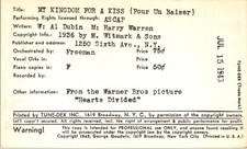 Tune-Dex Lead Sheet: My Kingdom for a Kiss Harry Warren Al Dubin 1943 ASCAP