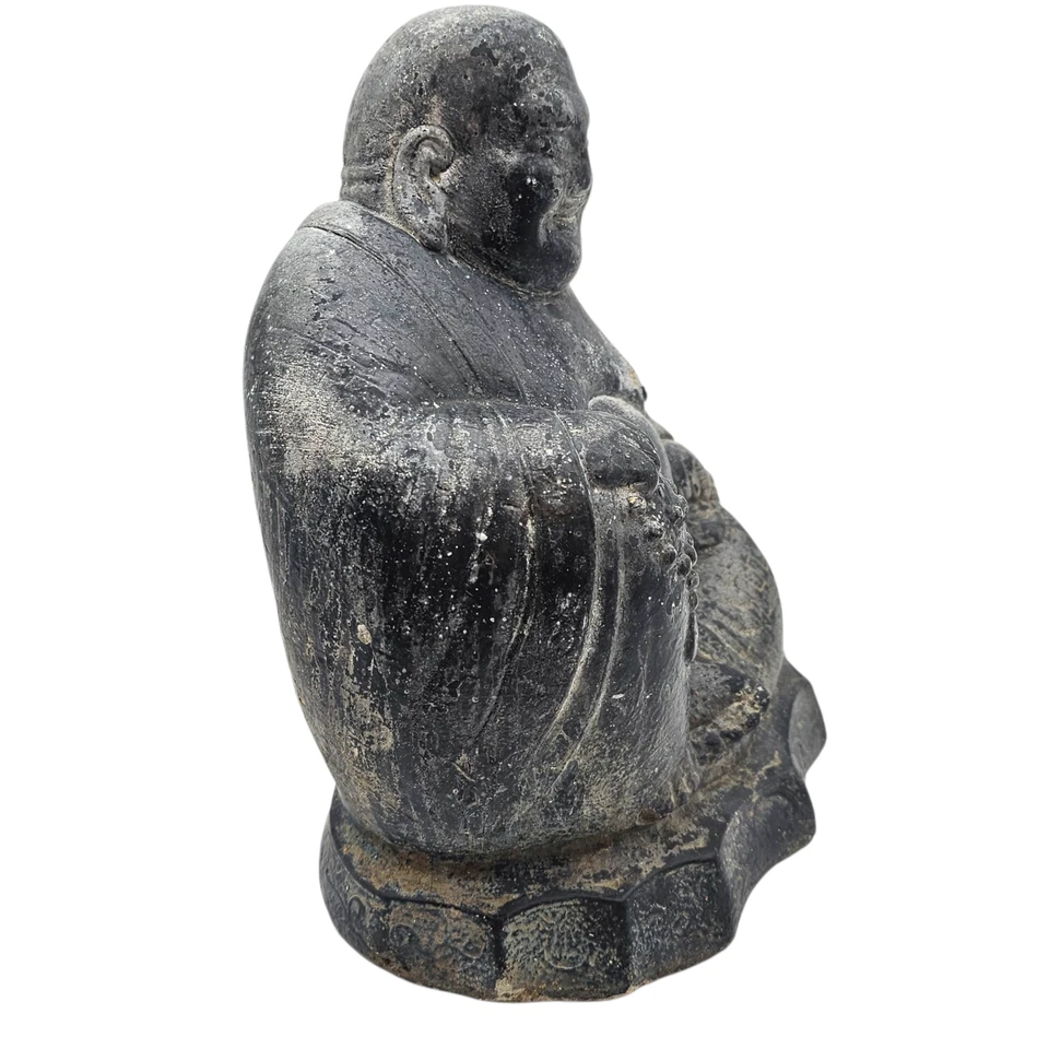 One Vintage 12" Tall Cement Laughing Buddha Garden Art Statue Weathered Concrete - Image 2 of 4