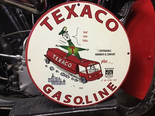 RARE VINTAGE PORCELAIN 1953 TEXACO GASOLINE DISPLAY SIGN Harley Ford Chevy