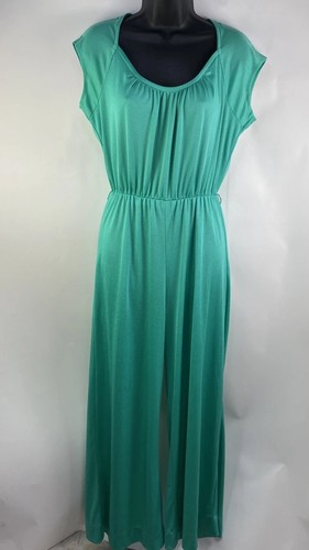 Vtg 70s JC Penney Seafoam Green Jumpsuit Loungewear Bell Bottom Nylon Size M - Picture 2 of 17