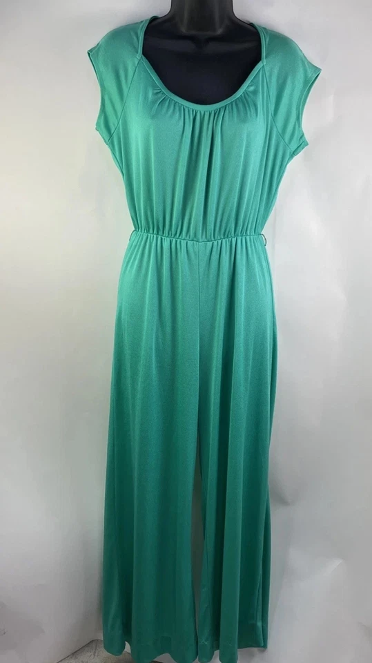 Vtg 70s JC Penney Bright Green Jumpsuit Loungewear Bell Bottom Nylon Size M - Image 2 of 4