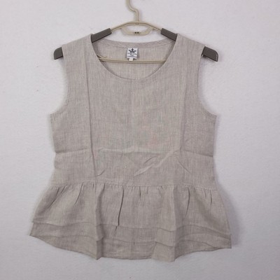 Crown Linen Designs Peplum Top Womens Small Beige Sleeveless Layered Hem Oatmeal