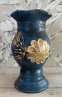 Rustic Blue Floral Redware Studio Art Vase