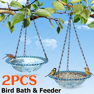 2PCS Hanging Bird Bath Feeder Combo Outdoor Garden Bird Water Bowl Decor Durable