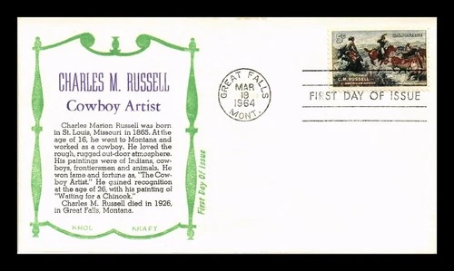 DR JIM STAMPS US COVER CHARLES M RUSSELL COWBOY ARTIST FDC KHOL KRAFT CACHET