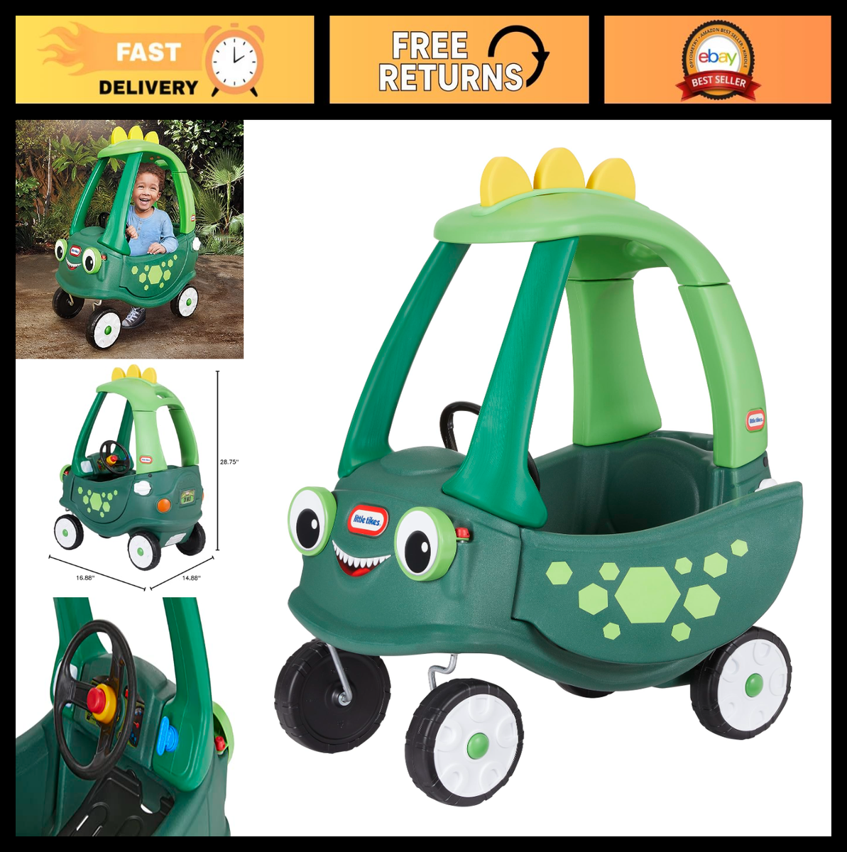 Cozy Coupe Dinosaur Ride-On Toy - Large Green Car for Kids 