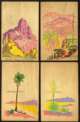 YUCCA WOOD 4 Postcards Desert CACTUS Palm Tree MOUNTAINS Canyons Silk Screen