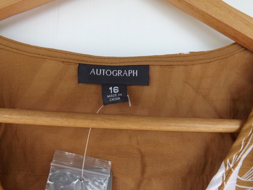 New Autograph Dress 16 Womens Tan Brown White Midi Button Up Flutter Sleeve - Picture 3 of 10