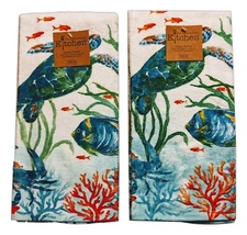 Set of 2 SEA SPLASH Sea Turtle Terry Kitchen Towels by Kay Dee Designs