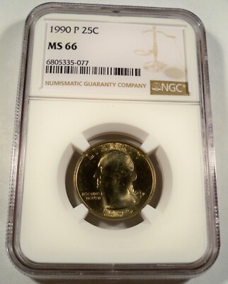 1990-P NGC MS66 WASHINGTON QUARTER BRIGHT GOLD TONE 25c MS