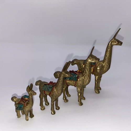 4 Vintage Brass Llama/Alpaca Animal Figurines with Saddles of Turquoise Quartz