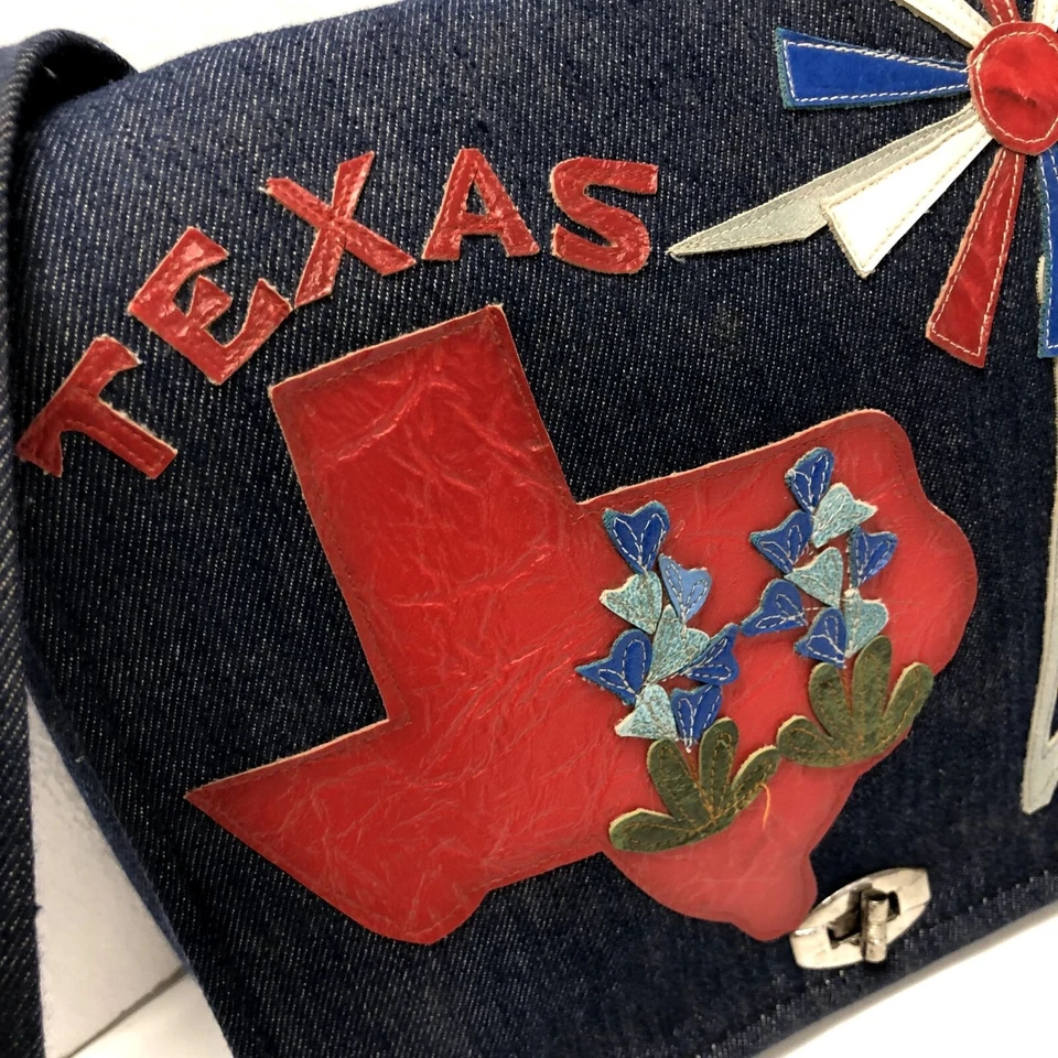 Vtg 60's AMERICANA Handbag Lone Star State TEXAS Flower MoD DENIM Shoulder Purse - Image 3 of 4
