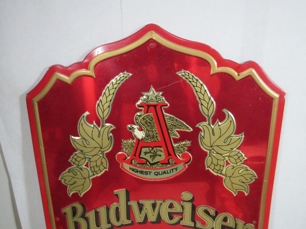 Vintage 1970s Budweiser Beer On Draught Embossed Metal Sign 25