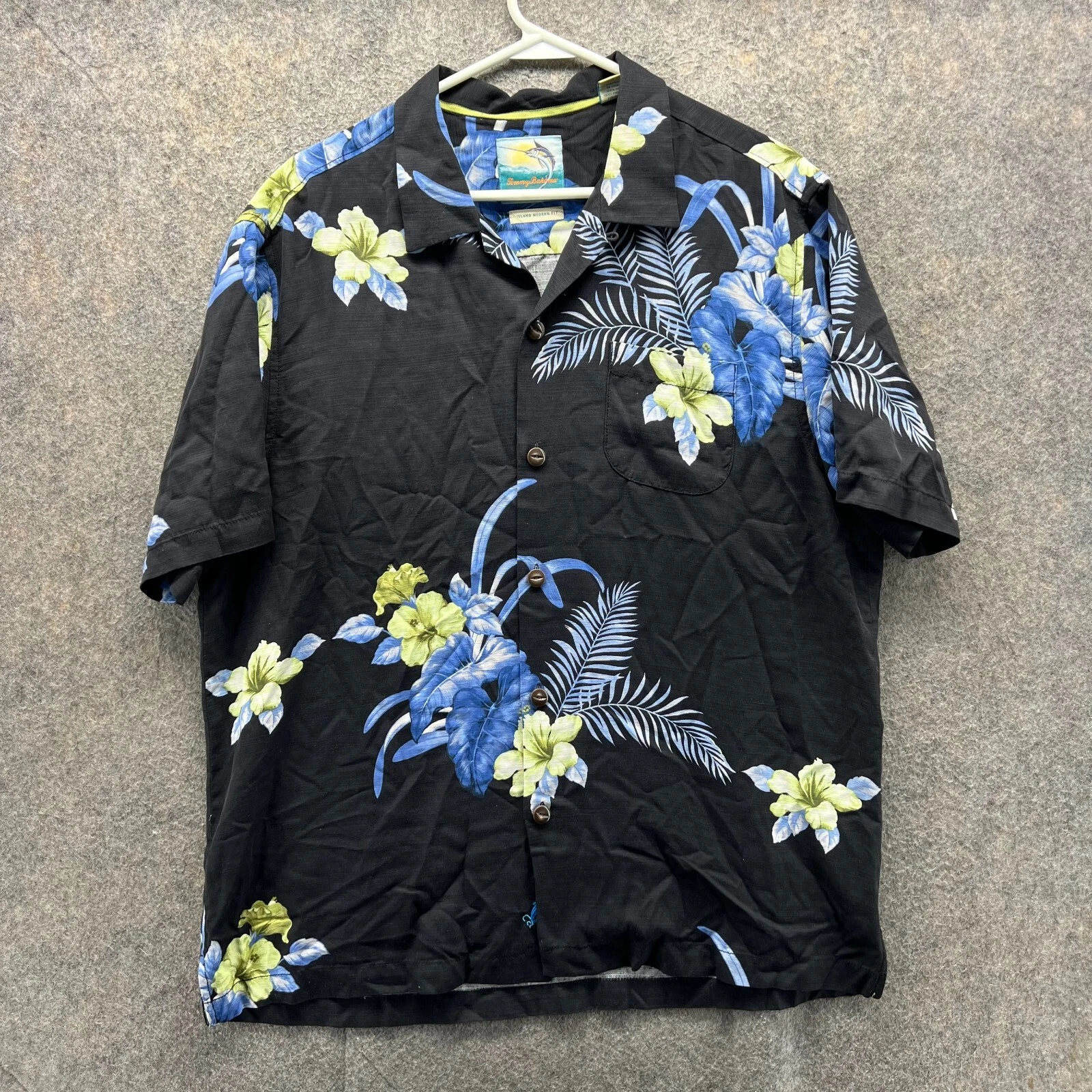 Tommy Bahama Shirt Mens Large Black Button Down Silk Island Hawaiian Camp Floral