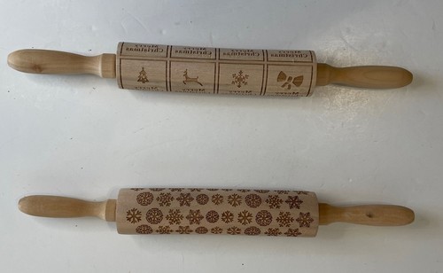 Set of 2 Wooden Rolling Pins Embossing Cookies Baking Christmas Decorative