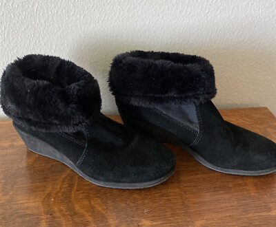 Easy Spirit Suede Black Boots With Faux Fur Trim