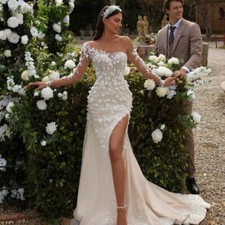 Elegant Mermaid Wedding Dresses Long Sleeves Side Slit Lace Floral Bridal Gowns
