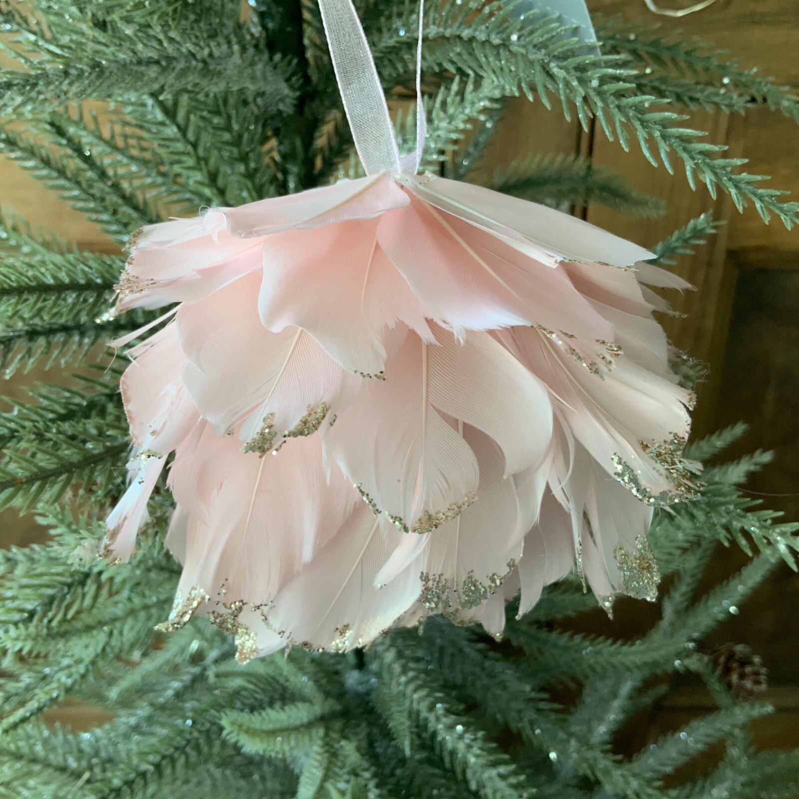 Pink Feather Christmas Bauble Tree Decoration Gisela Graham Gold Glitter Boudoir