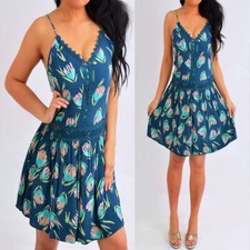 LAUREN CONRAD Teal Green Pink Lace Crochet Short Mini Dress Size S Small