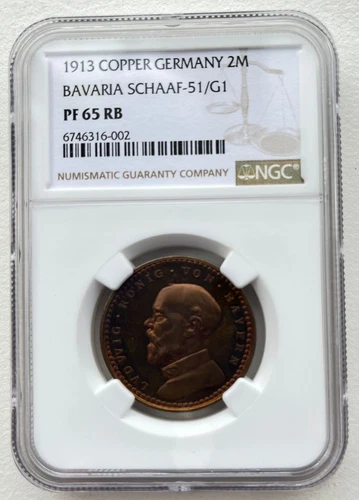 NGC PF 65 RB Germany 1913 Bavaria Copper Coin 2 Mark