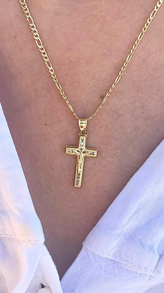 Collar Cruz Circonita cúbica Lleno Oro 14K Dije Crucifijo Mujeres Hombres Niño Bebé Cadena Figaro Foto 2 de 4