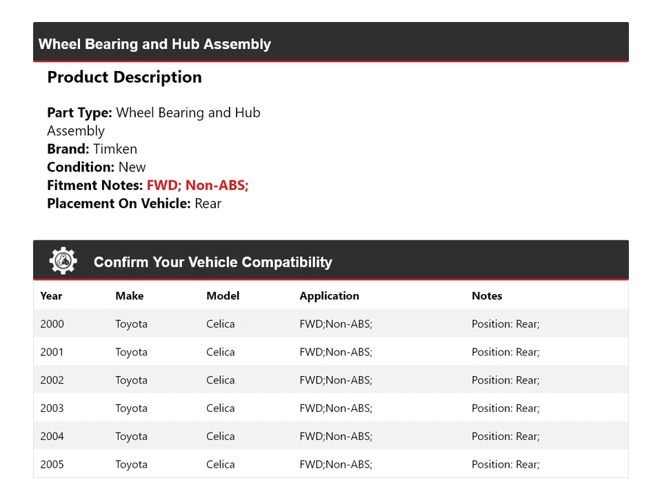 Conjunto de cojinete de rueda y buje trasero Timken 2001 para Toyota Celica 2000-2005 tracción delantera Foto 2 de 4
