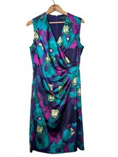 Lauren Ralph Lauren Satin Drape Front Ruched Dress Floral Purple Teal Size 10