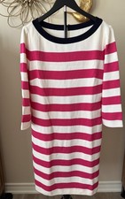 St John Collection Santana Knit Dress Women 12 Pink White Stripe Navy Trim