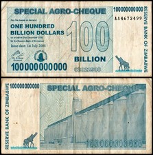 1 Zimbabwe 100 Billion Special Agro Cheque banknote 2008, P-64 USED COA