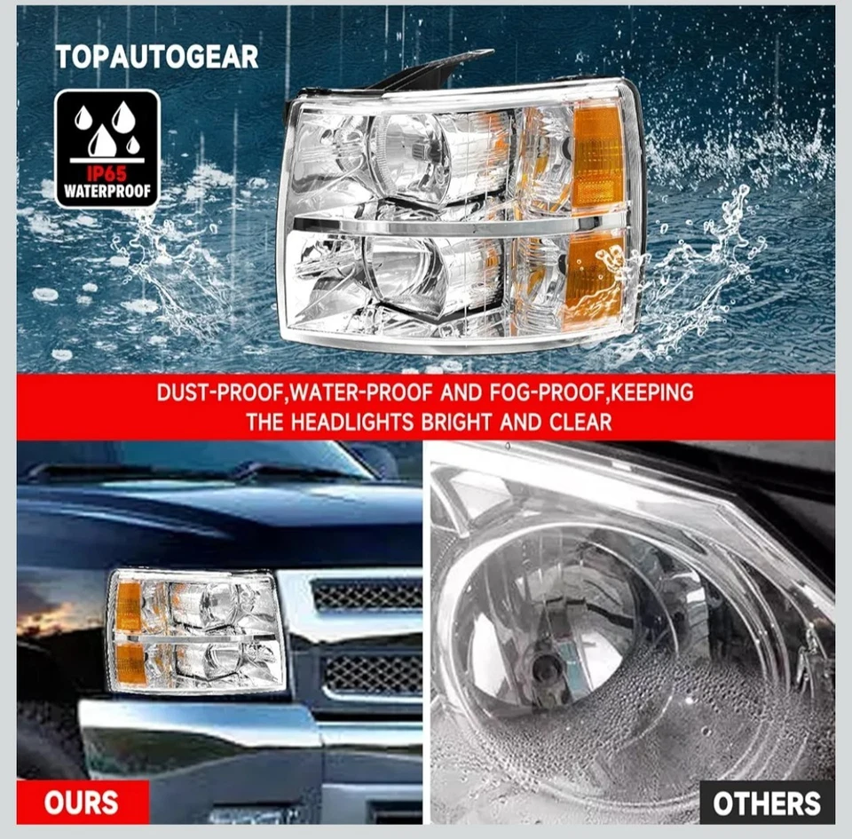 Par de montaje de faros cromados/ámbar para Chevy Silverado 1500 2500HD 3500 07-14 Foto 4 de 4