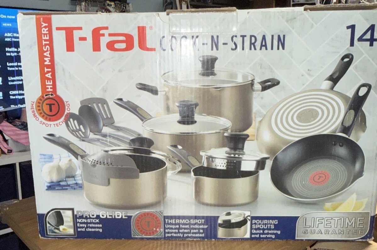 T-Fal Cook & Strain 14-Pc. Non-Stick Cookware Set, Champagne