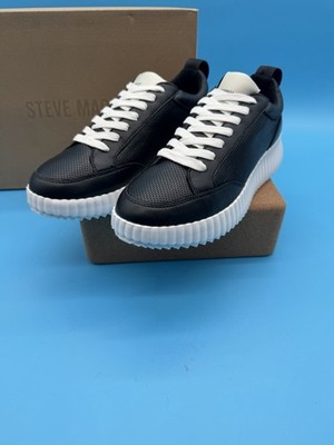 Steve Madden Womens Shock Casual Sneaker US 7.5 M Black Leather Lace-Up NIB