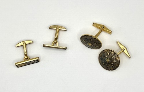2 Sets Damaszener Manschettenknöpfe goldfarben schwarz Blume Weizenranken Fleur-de-Lis - Bild 2 von 5