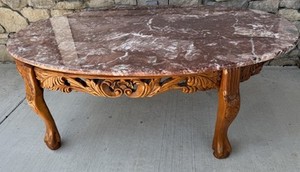 Vintage Chinese Rosewood Hand Carved Pink Marble Top Oval Coffee Table