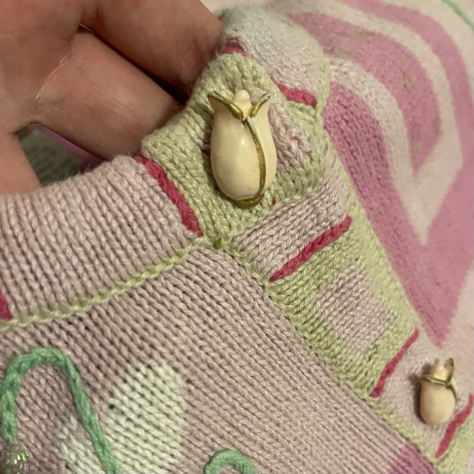 90s/2000 Vintage L Storybook Knits Women’s Pink Siamese Cats & Flowers Cardigan - Image 4 of 4