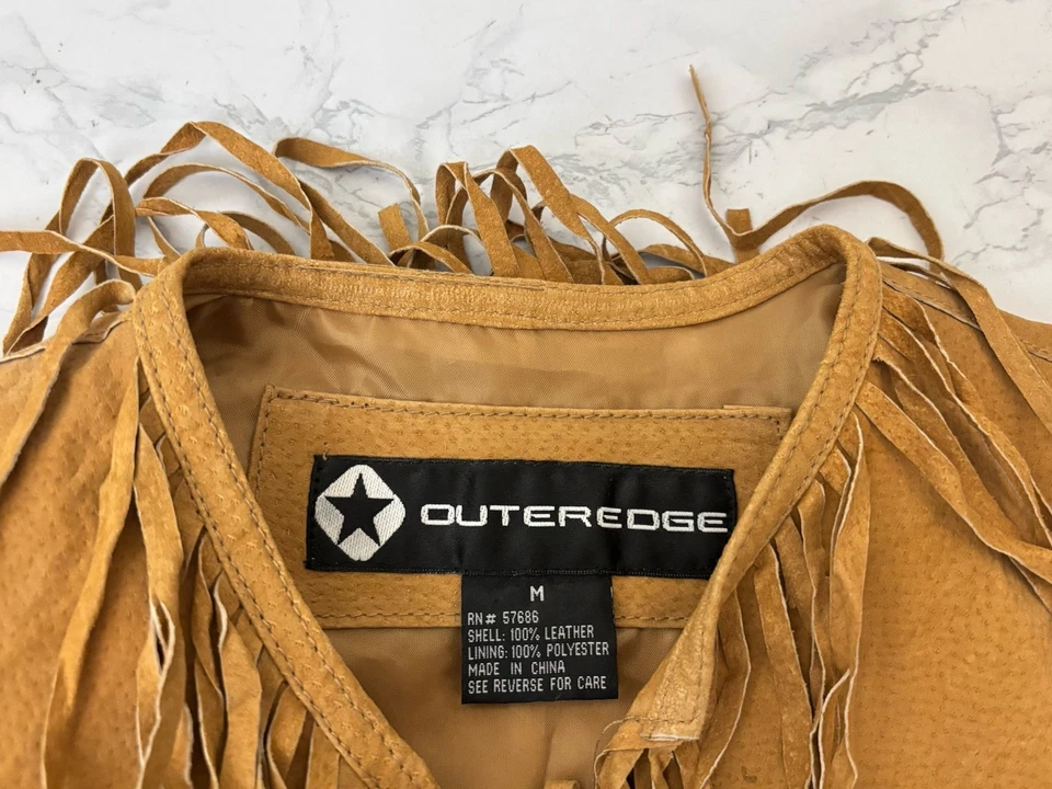 Chaqueta de cuero borde exterior para mujer M gamuza tostada flecos delanteros abiertos vaquera de colección I2 Foto 4 de 4