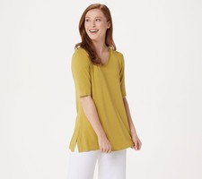 H by Halston Essentials Elbow-Sleeve V-Neck Tunic, Avocado, Size: XX-Small