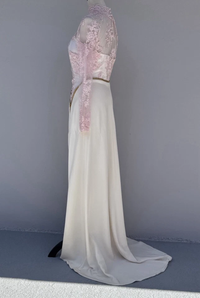 Marc Kirsten Pink Lace Ivory Satin Evening Gown Long Sleeve Sheath Gala Dress - Image 4 of 4