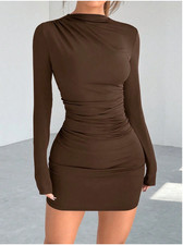 Brown EZwear Women's Minimalist Solid Color Ruffle Bodycon Dress Sz XS S M L