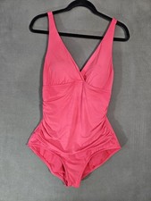 Vintage Jantzen Women 16 Swimsuit One Piece Rushed Fusha Pink Wrap Vneck