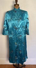 Vintage 60s Turquoise Satin Brocade Asian Floral Dressing Robe Frogs 36