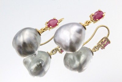 Darling 18K Gold Cast South Sea Tahitian Baroque Pearl Ruby Earrings