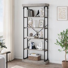 6 Tier Open Industrial Bookshelf Wooden Bookcase Shelf Magazines Organizer Gray