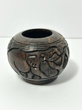Hand-carved African Wooden Round Trinket Bowl Elephant Rhino Jungle no lid