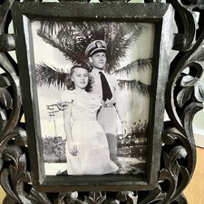 WW2 Era Photo US Navy Man in Uniform with Young Lady Wood Frame Vintage Military