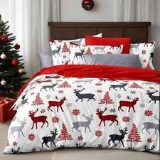 Queen Comforter Set, White and Red Christmas Tree Elk Deer Snowflake Pattern,...