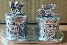 VTG Baby s First Tooth First Curl Pewter Fairy Trinket Boxes Keepsake Set