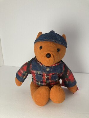 Johnny Bear Brown Teddy Bear w/Backpack, Denim Jacket, Plaid shirt Cap